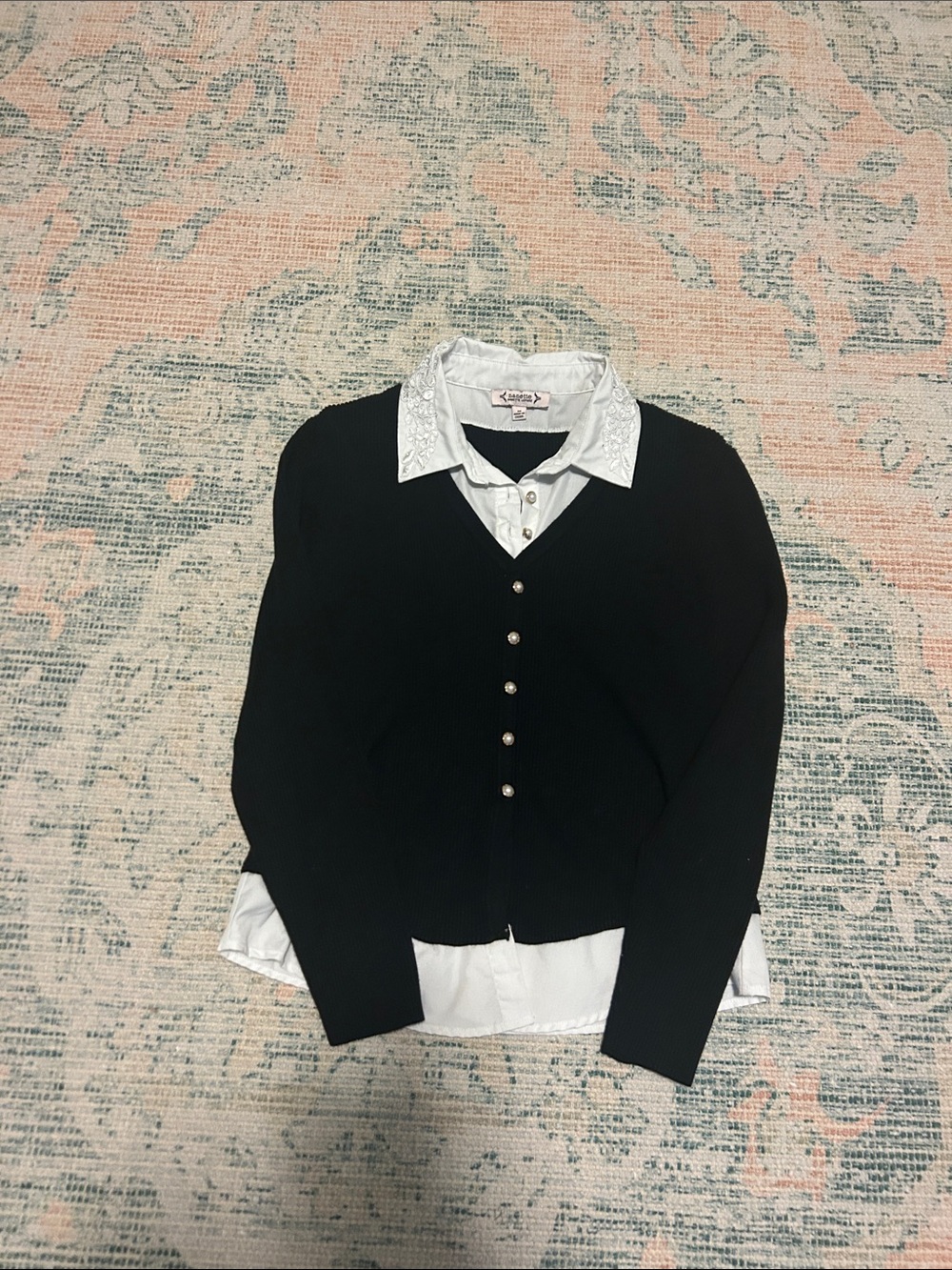 Nanette Lepore Black V-Neck Cardigan with White Collar